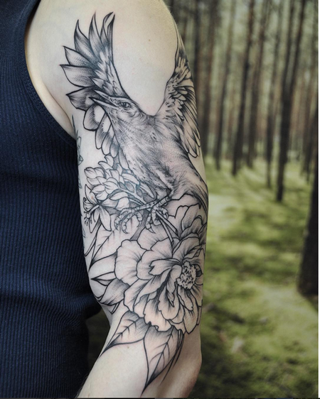 Tattoos - Illustrative Bird and Floral on Shoulder- Instagram @michaelbalesart - 121903